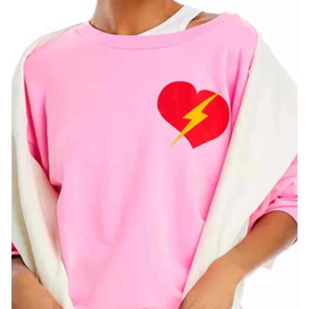Aviator Bolt Heart Relaxed Crew Sweatshirt- Neon Pink